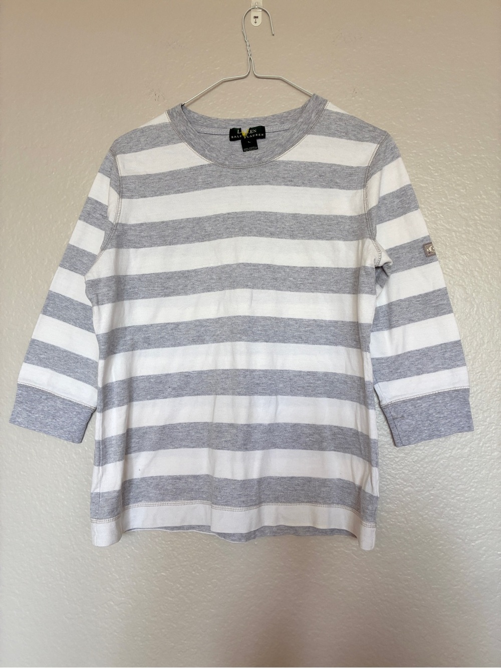 Lauren Ralph Lauren Striped 3/4 Sleeve Top Gray & White Y2K Casual Cotton Size L